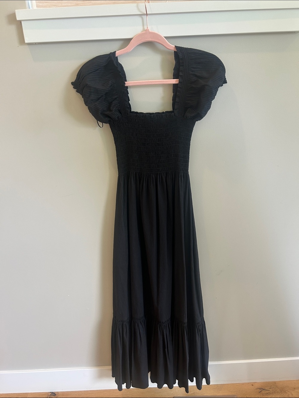 La Ligne Black Puff-Sleeve Smocked Maxi Dress with Tiered Skirt
